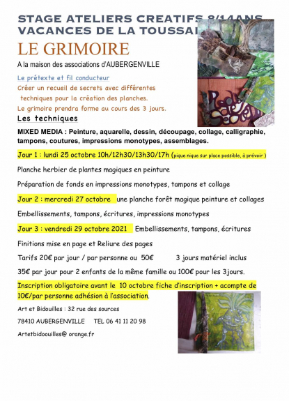 Stage ateliers créatifs "Le Grimoire" par l'association ARTS et BIDOUILLES 